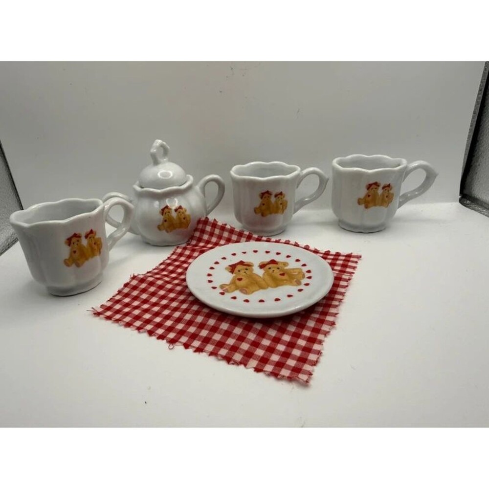 Miniature Porcelain Tea Set Vintage Teddy Bear Hearts Dollhouse Toy 6 Piece